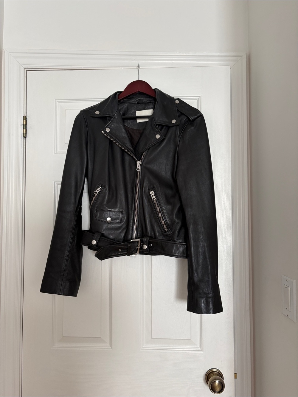 Black Leather Wilfred free vegan Moto Jacket with Belt